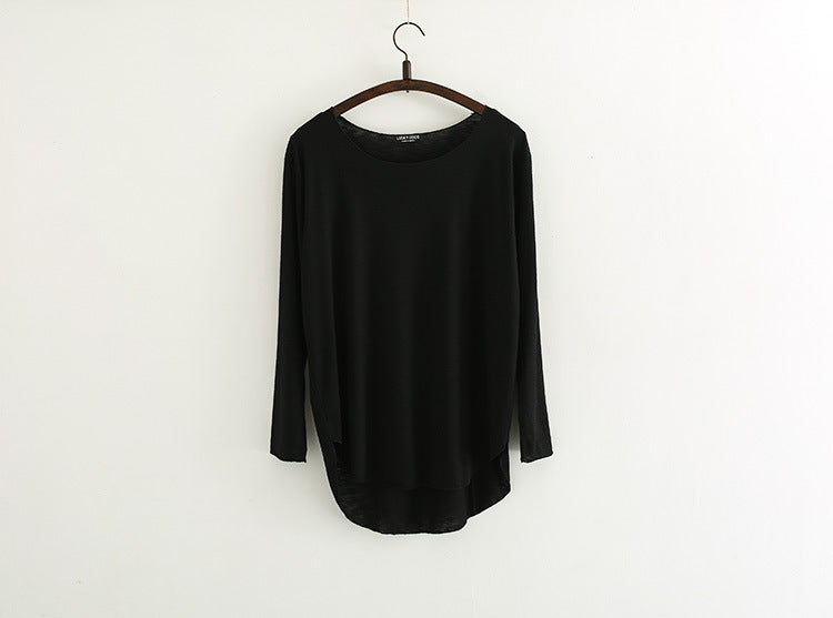 Korean-style Loose Large Size Modal Slub Cotton Long-sleeved T-shirt Female Student Front Short Back Long Bottoming Shirt