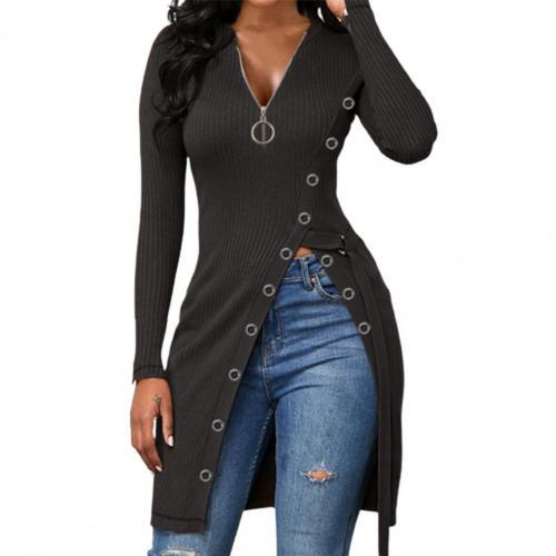European And American Women's V-neck Long-sleeved High-split Threaded Zipper Dress