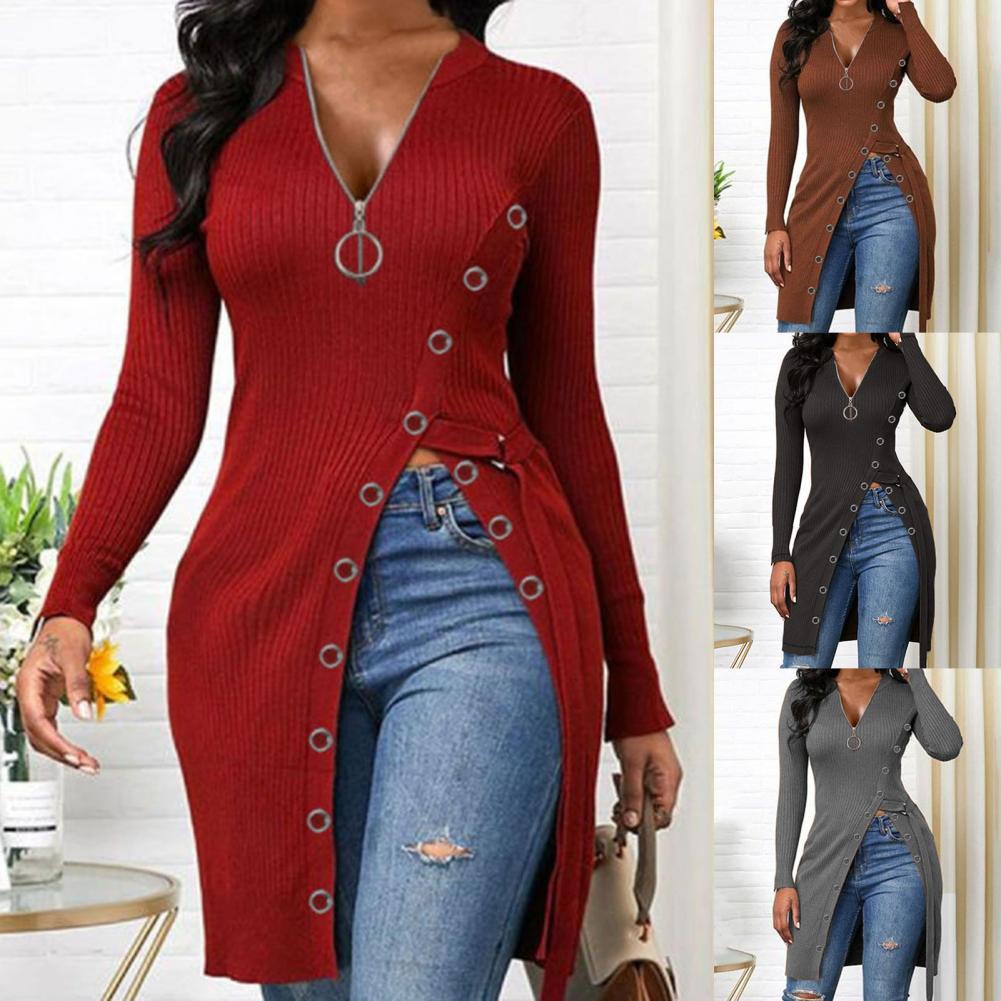 European And American Women's V-neck Long-sleeved High-split Threaded Zipper Dress