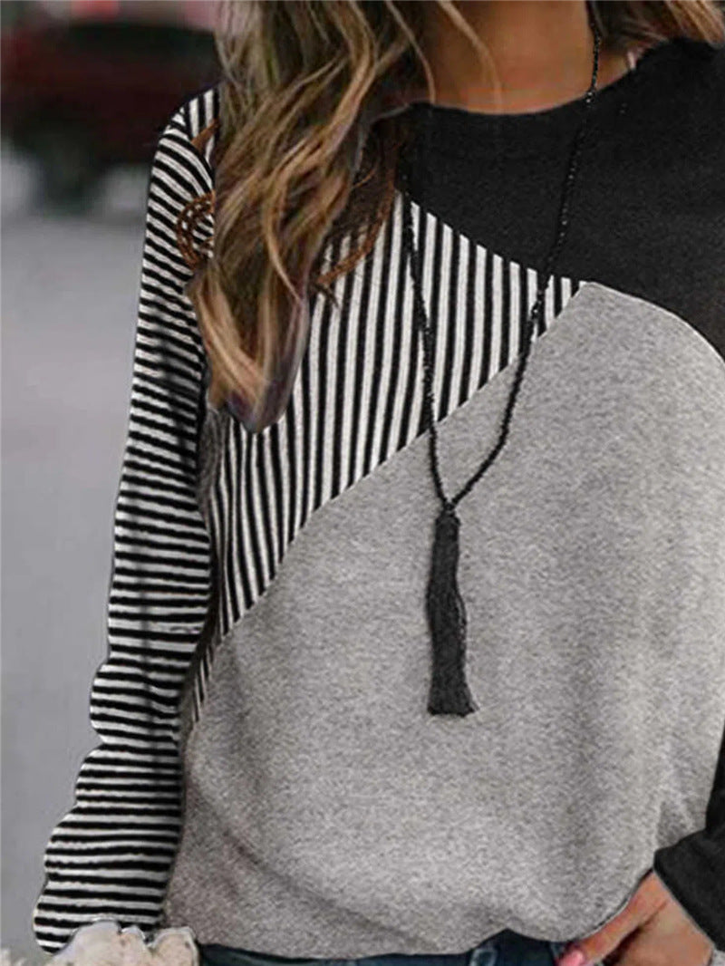 Color Matching Stitching Round Neck Long-sleeved Sweater Women