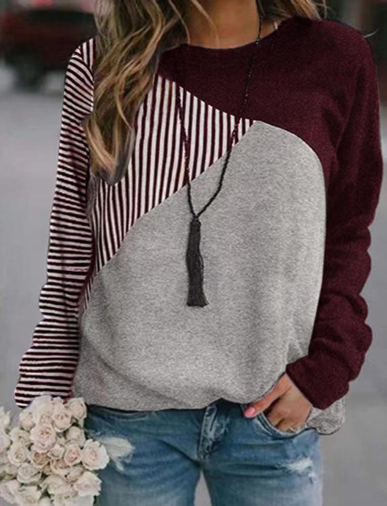 Color Matching Stitching Round Neck Long-sleeved Sweater Women