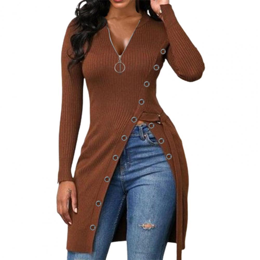 European And American Women's V-neck Long-sleeved High-split Threaded Zipper Dress