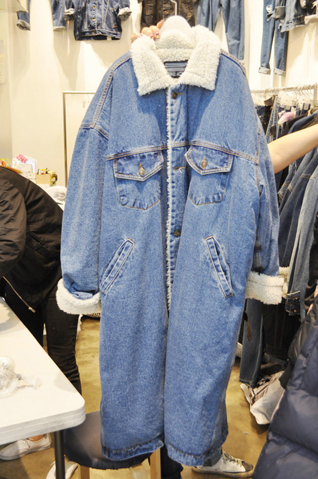 Lamb Wool Thick Denim Jacket Women Mid-length Plus Cashmere