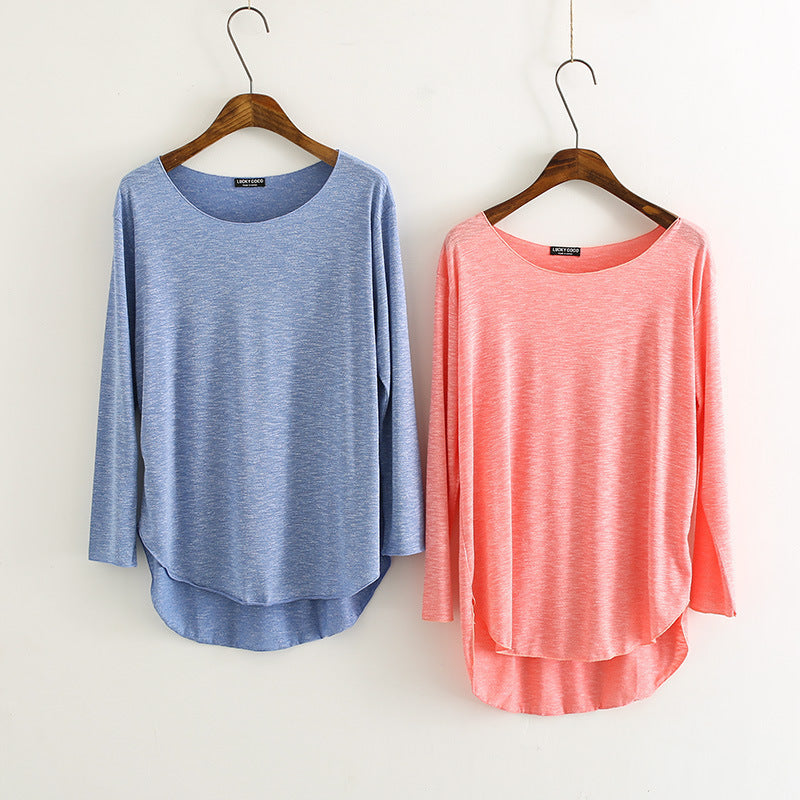 Korean-style Loose Large Size Modal Slub Cotton Long-sleeved T-shirt Female Student Front Short Back Long Bottoming Shirt